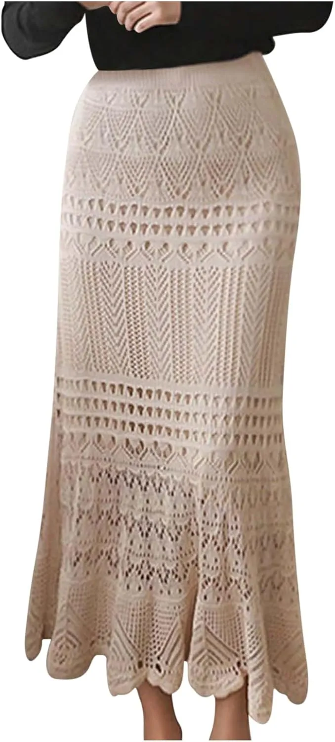 FZYLQY Women High Waist Crochet Skirt Summer Beach Hollow Out Knit Patterned Lace Skirt Plus Size Stretch Bodycon Maxi Skirt