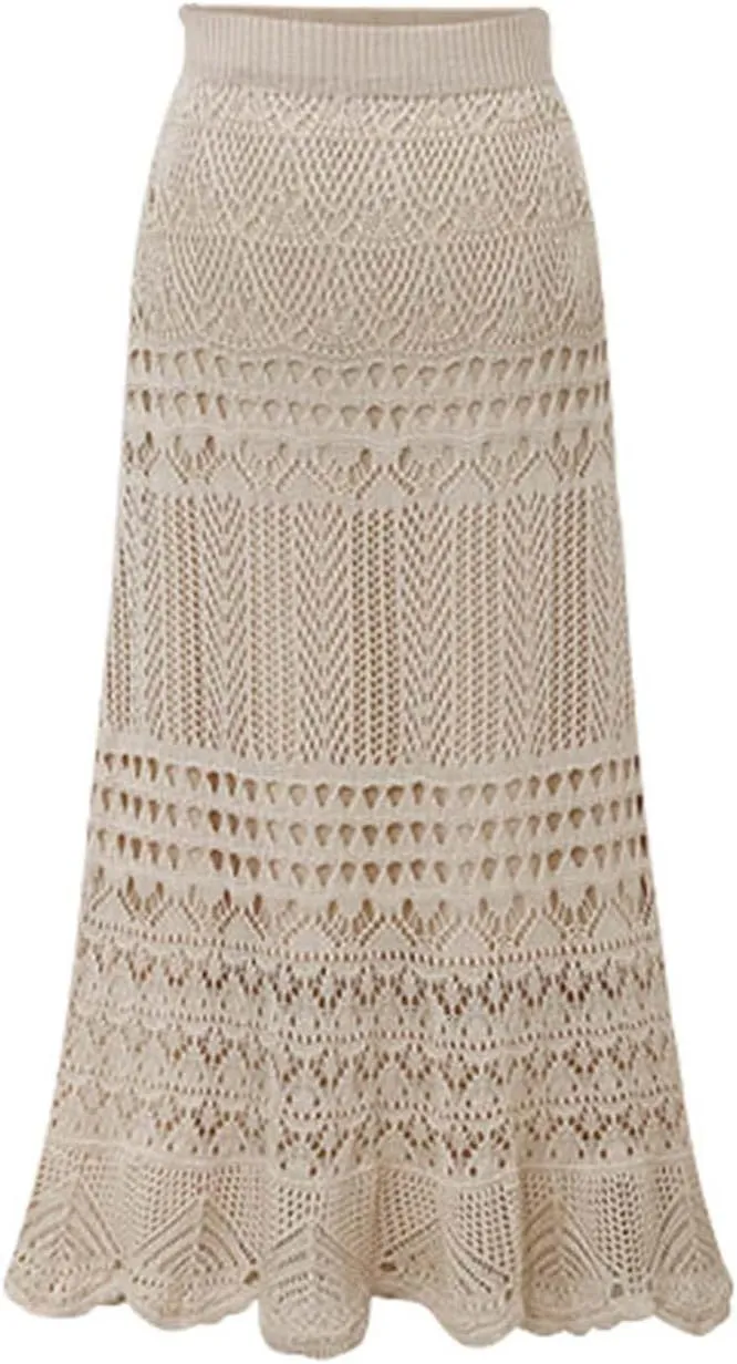 FZYLQY Women High Waist Crochet Skirt Summer Beach Hollow Out Knit Patterned Lace Skirt Plus Size Stretch Bodycon Maxi Skirt