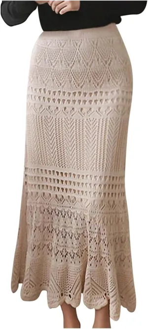 FZYLQY Women High Waist Crochet Skirt Summer Beach Hollow Out Knit Patterned Lace Skirt Plus Size Stretch Bodycon Maxi Skirt