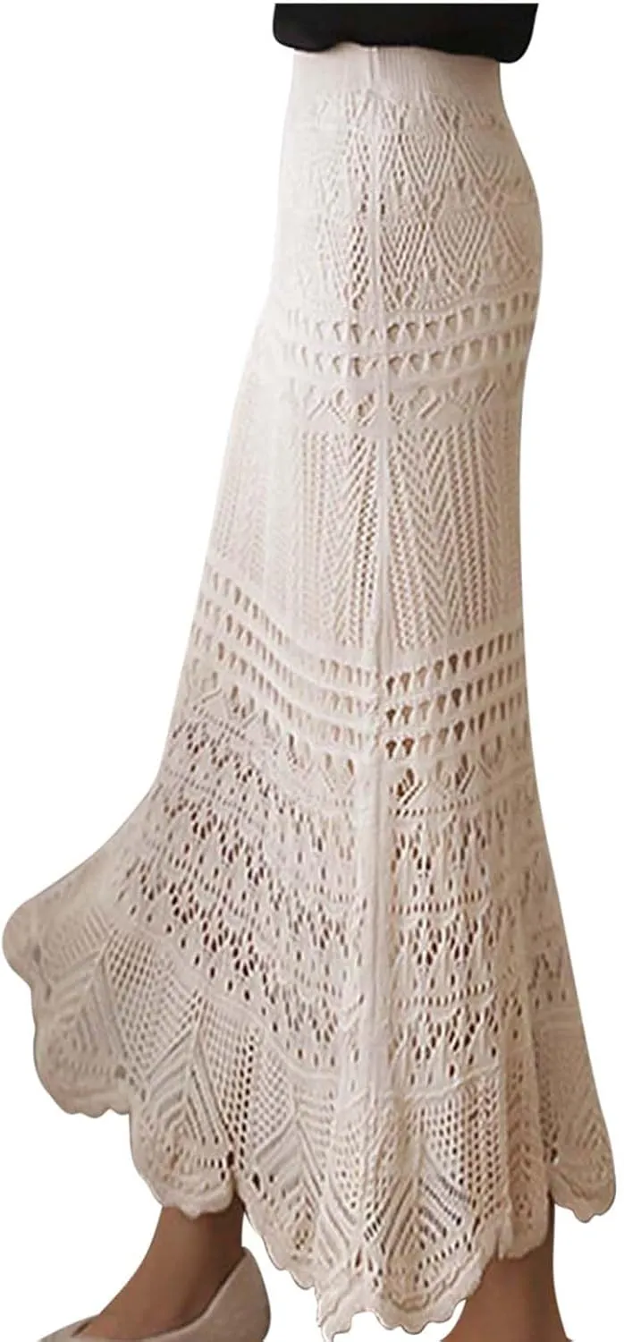 FZYLQY Women High Waist Crochet Skirt Summer Beach Hollow Out Knit Patterned Lace Skirt Plus Size Stretch Bodycon Maxi Skirt