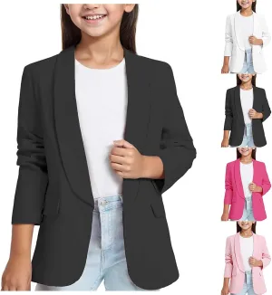 Girls Blazer Long Sleeve Shawl Collar Formal Blazers Suit Solid Jacket Open Front Inner Pocket for Kids