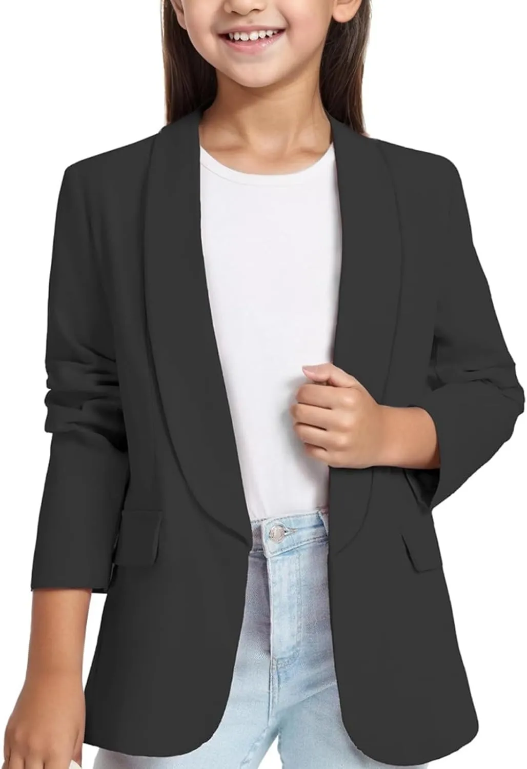 Girls Blazer Long Sleeve Shawl Collar Formal Blazers Suit Solid Jacket Open Front Inner Pocket for Kids