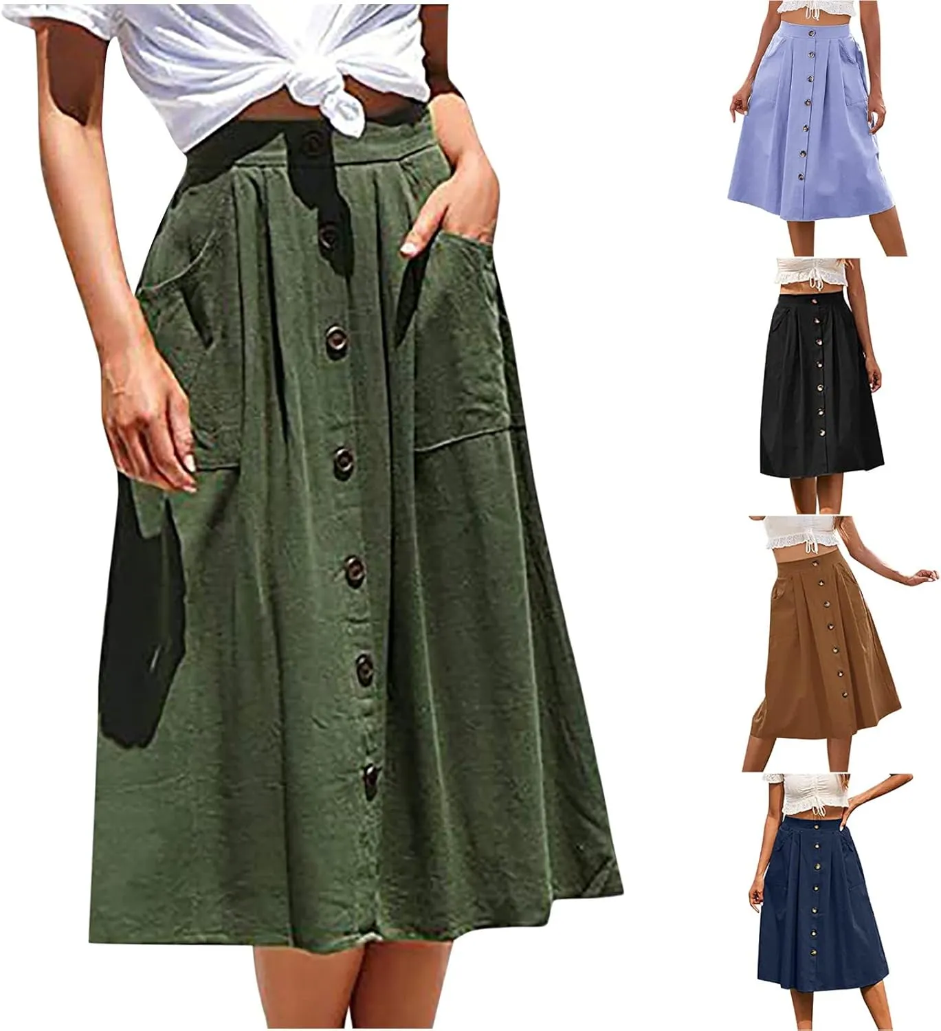 HGps8w Women's Button Front Midi Flare Skirt Casual Elastic High Waist Summer Solid A-Line Swing Skirts with Pockets