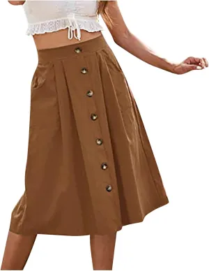 HGps8w Women's Button Front Midi Flare Skirt Casual Elastic High Waist Summer Solid A-Line Swing Skirts with Pockets