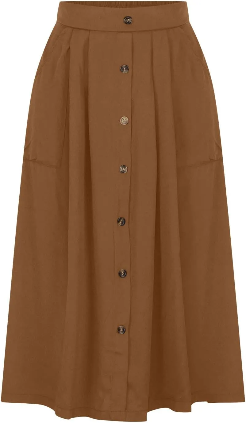 HGps8w Women's Button Front Midi Flare Skirt Casual Elastic High Waist Summer Solid A-Line Swing Skirts with Pockets