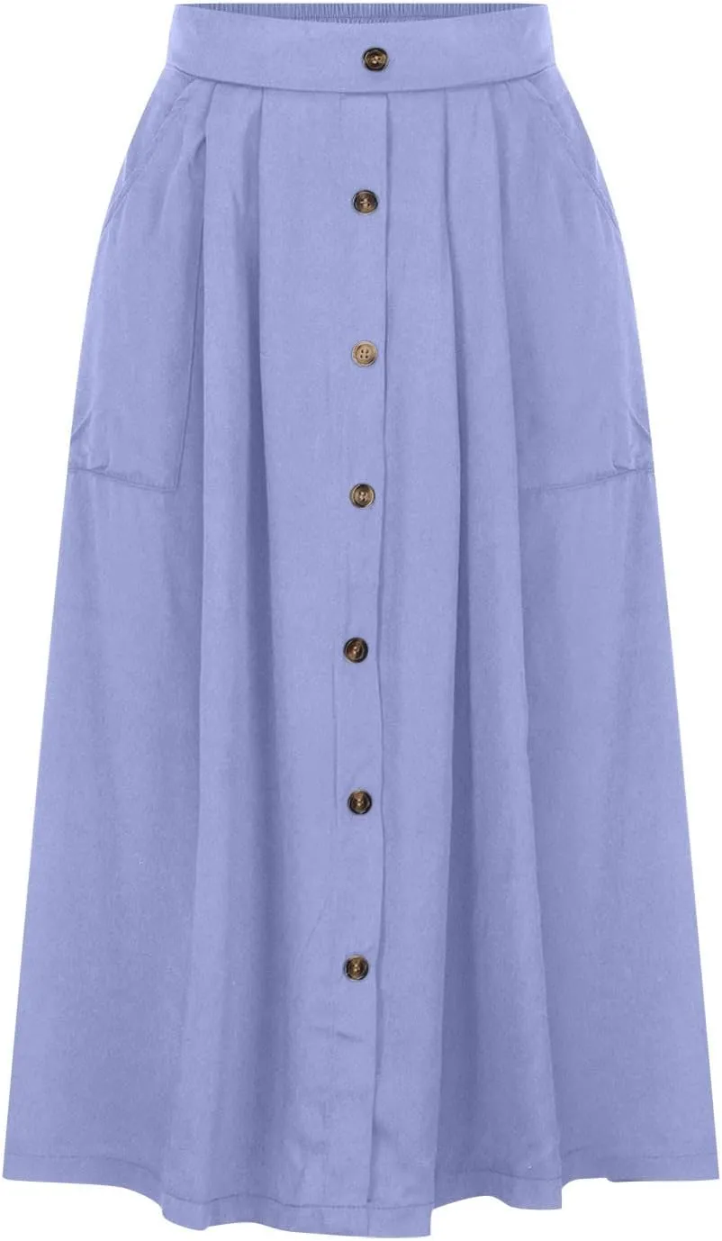 HGps8w Women's Button Front Midi Flare Skirt Casual Elastic High Waist Summer Solid A-Line Swing Skirts with Pockets