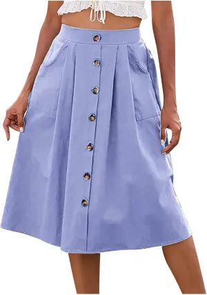 HGps8w Women's Button Front Midi Flare Skirt Casual Elastic High Waist Summer Solid A-Line Swing Skirts with Pockets