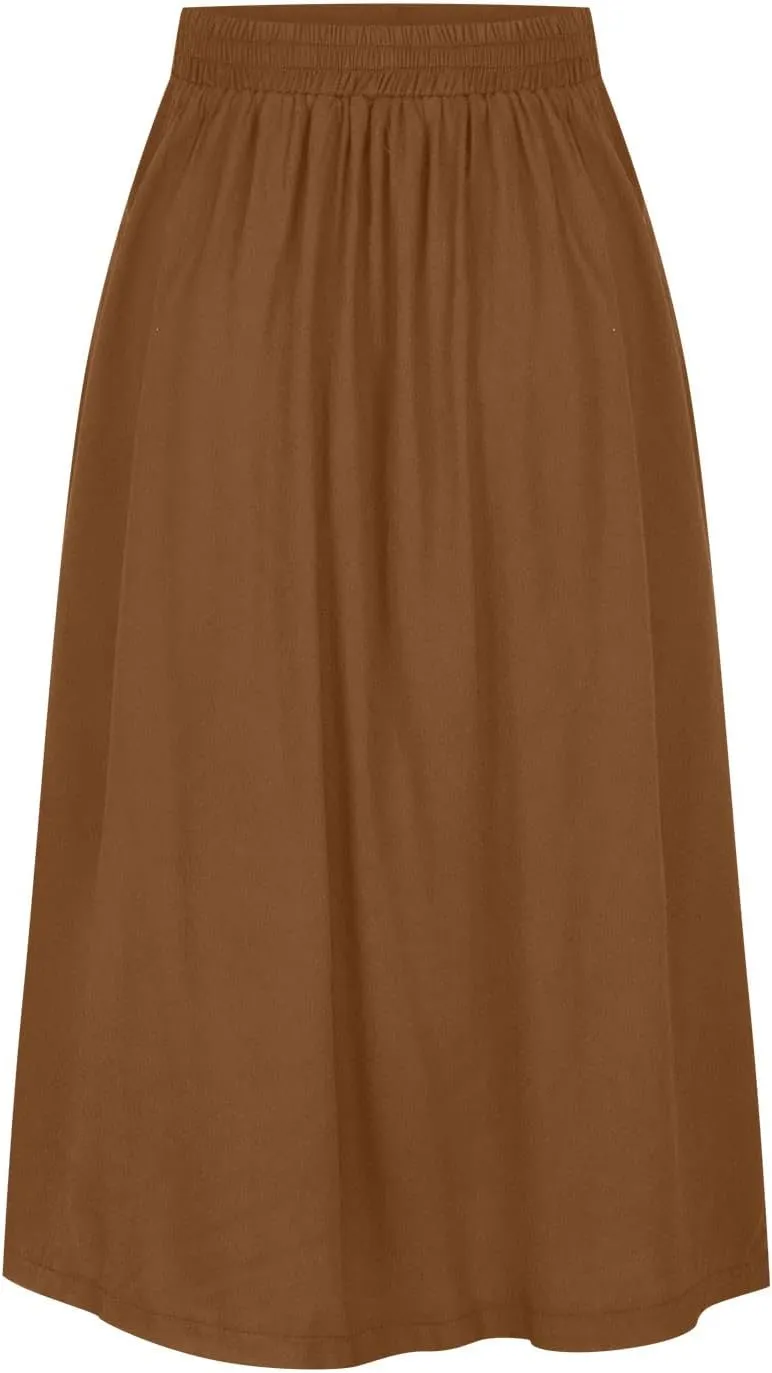 HGps8w Women's Button Front Midi Flare Skirt Casual Elastic High Waist Summer Solid A-Line Swing Skirts with Pockets