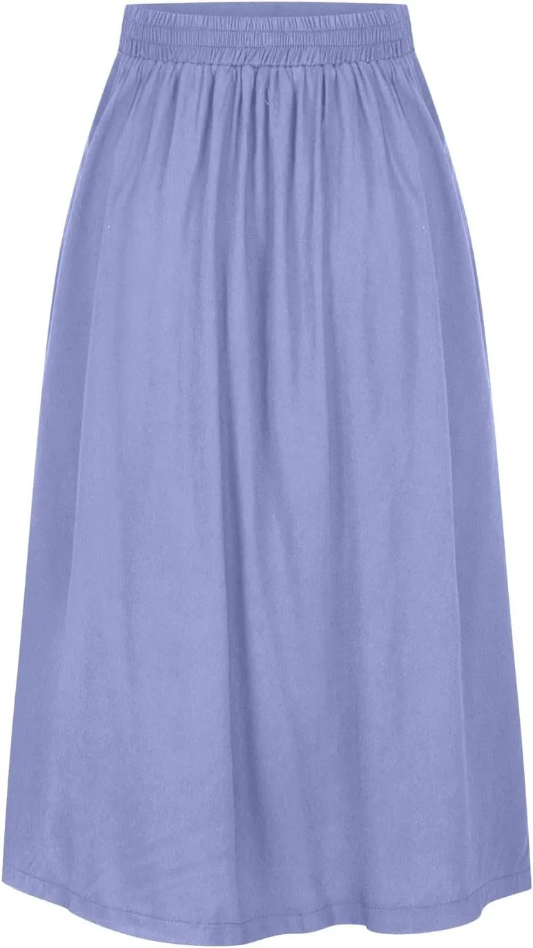HGps8w Women's Button Front Midi Flare Skirt Casual Elastic High Waist Summer Solid A-Line Swing Skirts with Pockets