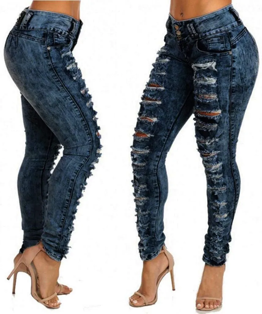 High Waisted-Rise Colored Stretch Skinny Destroyed Ripped Distressed Jeans for Women Skinny Legs Stretch Denim Pants