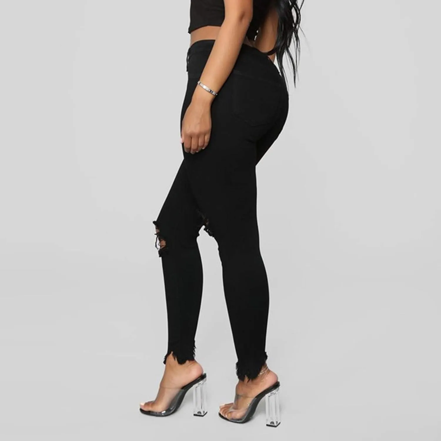 High Waisted-Rise Colored Stretch Skinny Destroyed Ripped Distressed Jeans for Women Skinny Legs Stretch Denim Pants