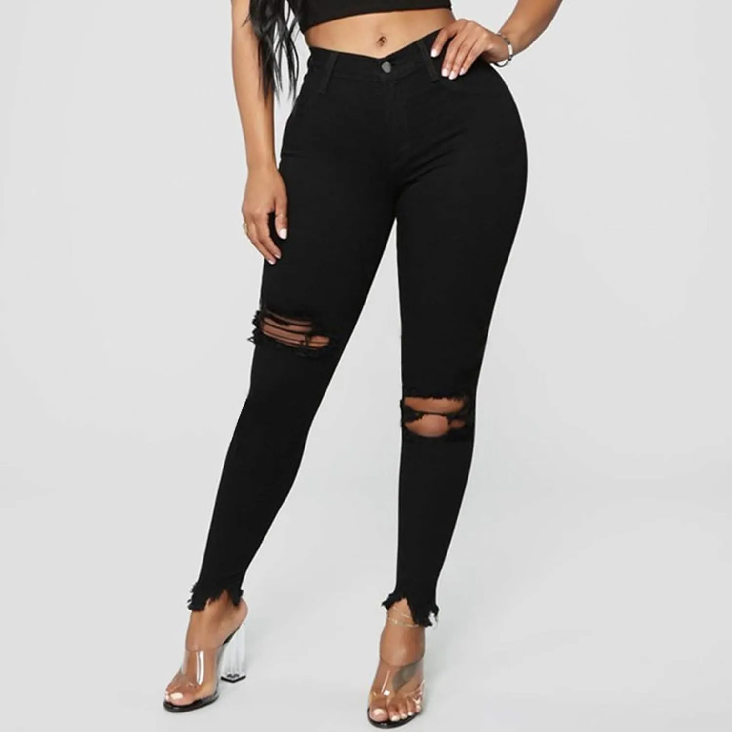 High Waisted-Rise Colored Stretch Skinny Destroyed Ripped Distressed Jeans for Women Skinny Legs Stretch Denim Pants