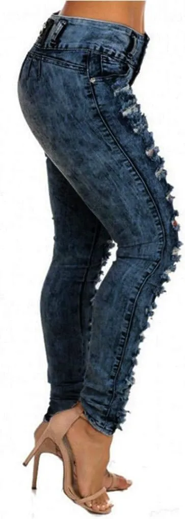 High Waisted-Rise Colored Stretch Skinny Destroyed Ripped Distressed Jeans for Women Skinny Legs Stretch Denim Pants