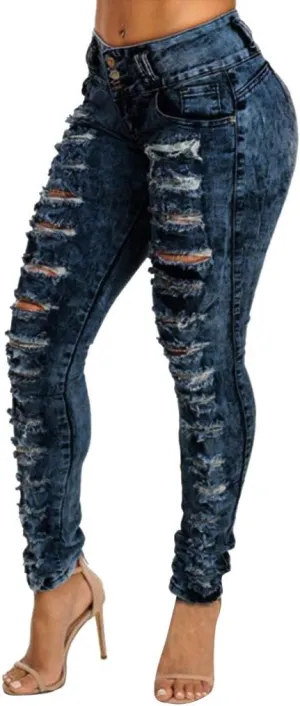 High Waisted-Rise Colored Stretch Skinny Destroyed Ripped Distressed Jeans for Women Skinny Legs Stretch Denim Pants