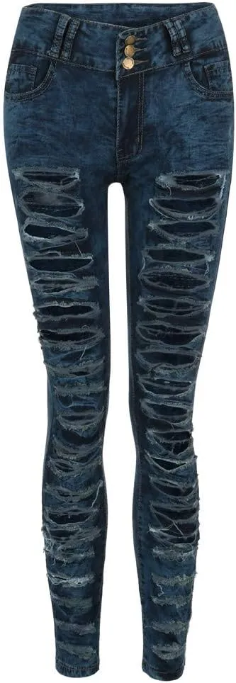 High Waisted-Rise Colored Stretch Skinny Destroyed Ripped Distressed Jeans for Women Skinny Legs Stretch Denim Pants