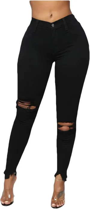 High Waisted-Rise Colored Stretch Skinny Destroyed Ripped Distressed Jeans for Women Skinny Legs Stretch Denim Pants