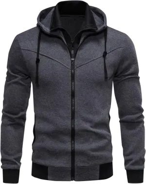 Hoodies For Men Casual Long Sleeve Zip Jacket Trendy Solid Color Coat Lightweight Drawstring Sport Outwear With Pocket