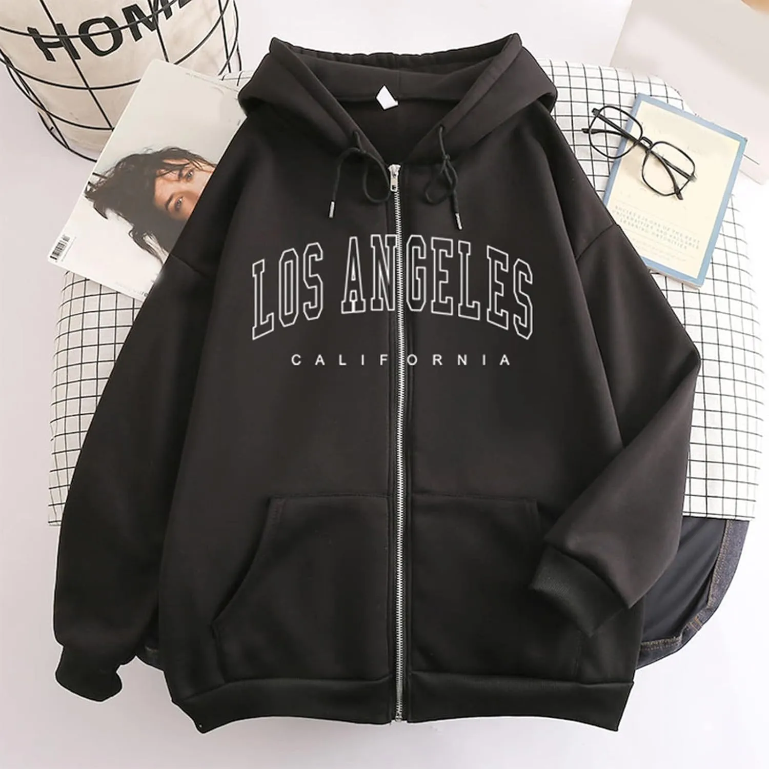 Hoodies for Women Pullover Losangeles Letter Print Hooded Sweatshirt with Pocket Long Sleeve Causal Fleece Tee Aesthetic Fall
