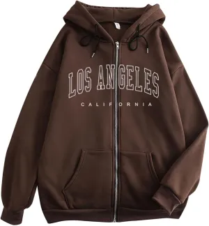 Hoodies for Women Pullover Losangeles Letter Print Hooded Sweatshirt with Pocket Long Sleeve Causal Fleece Tee Aesthetic Fall