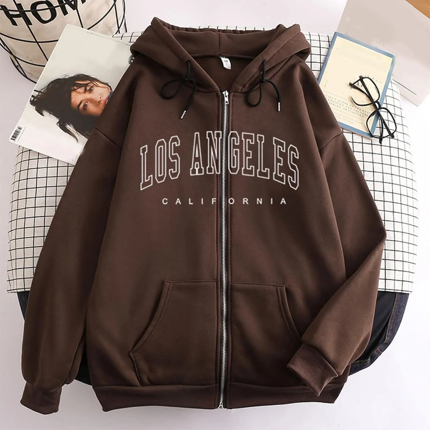 Hoodies for Women Pullover Losangeles Letter Print Hooded Sweatshirt with Pocket Long Sleeve Causal Fleece Tee Aesthetic Fall