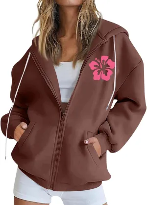 Hoodies Y2k Letter Graphic Hoodies for Women 2024 Preppy Sweatshirts Long Sleeve Drawstring Zipper Pockets Pullover