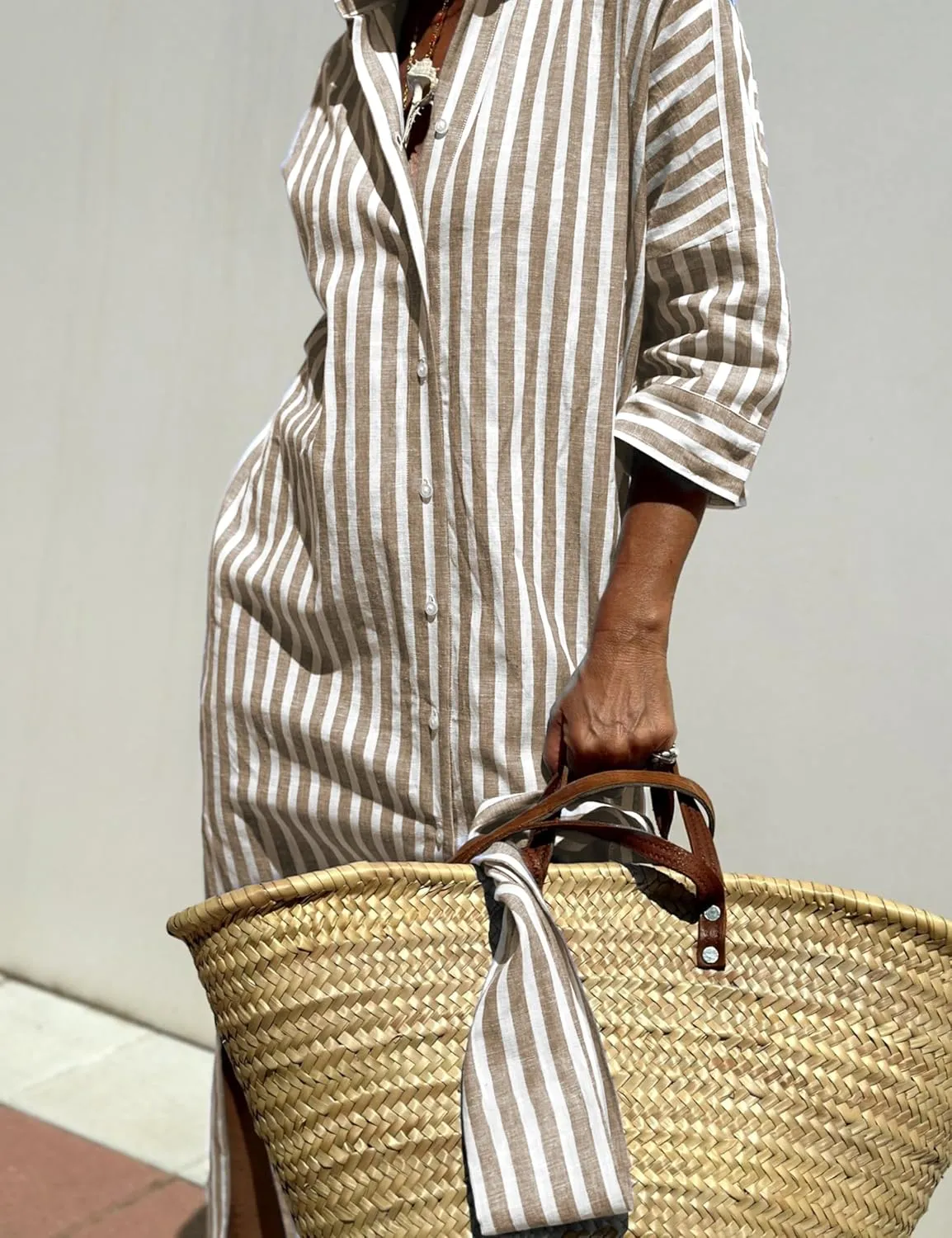Hooever Shirt Dresses for Women Casual Long Sleeve Button Down Loose Striped Cotton Maxi Shirt Dress