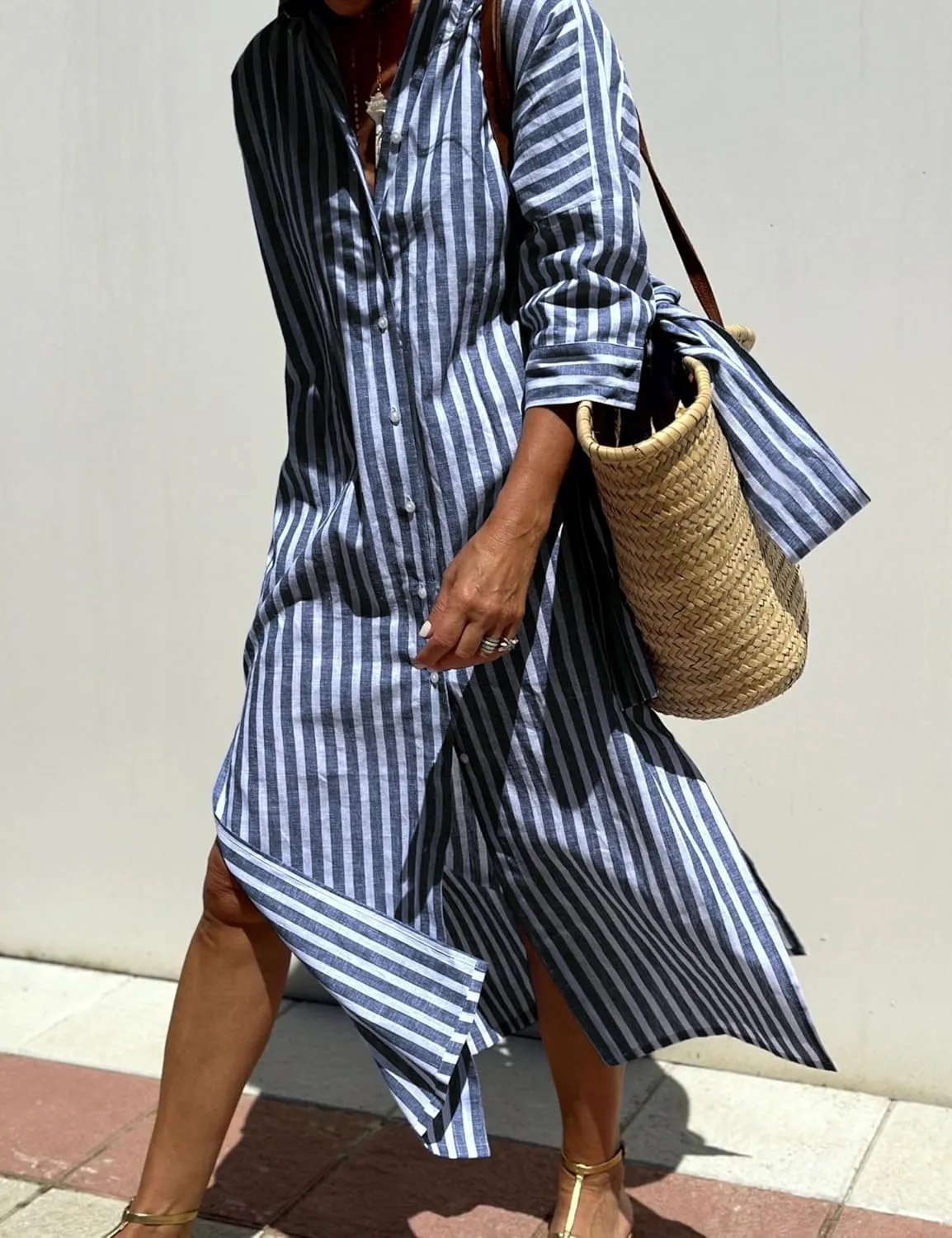 Hooever Shirt Dresses for Women Casual Long Sleeve Button Down Loose Striped Cotton Maxi Shirt Dress