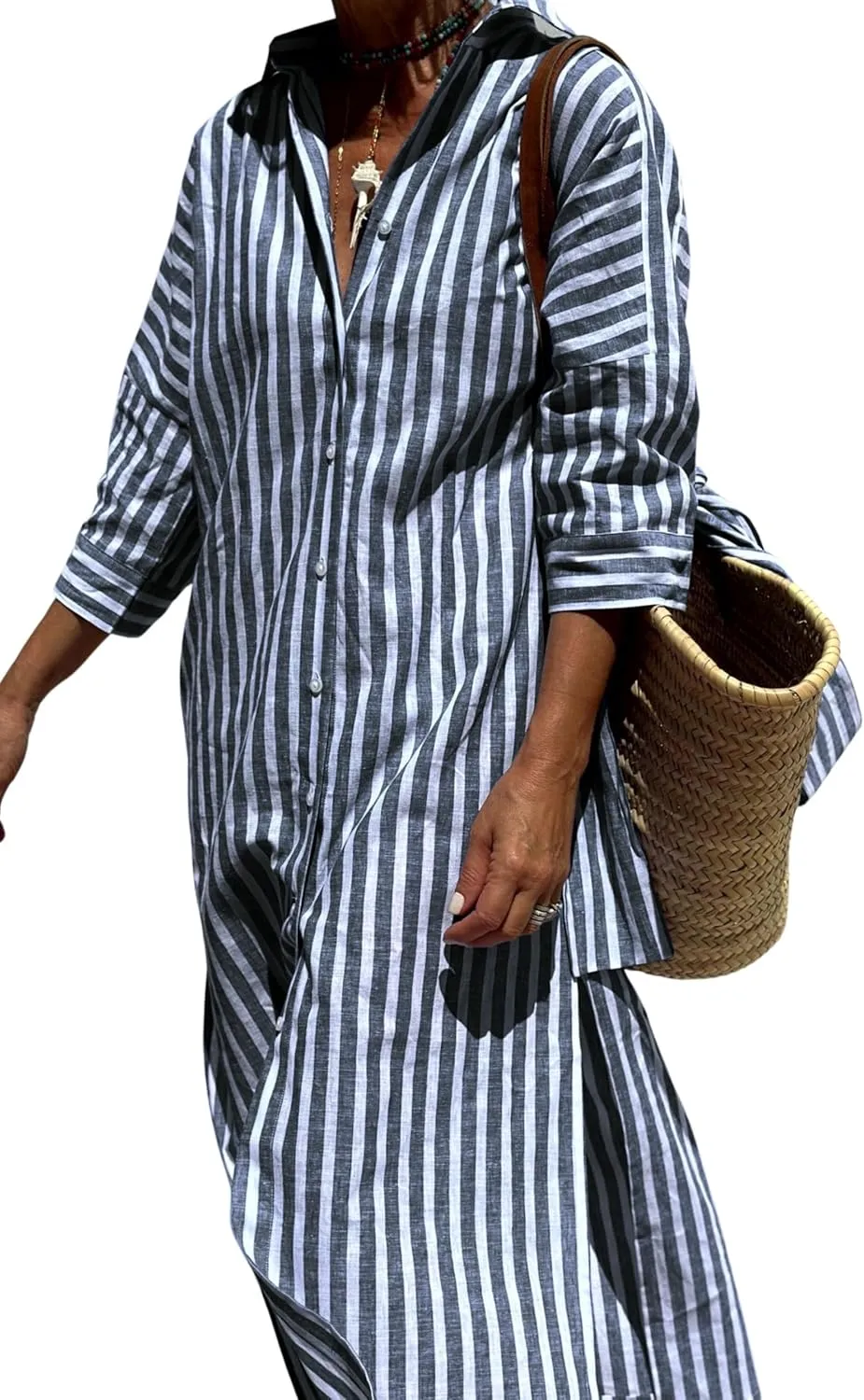 Hooever Shirt Dresses for Women Casual Long Sleeve Button Down Loose Striped Cotton Maxi Shirt Dress