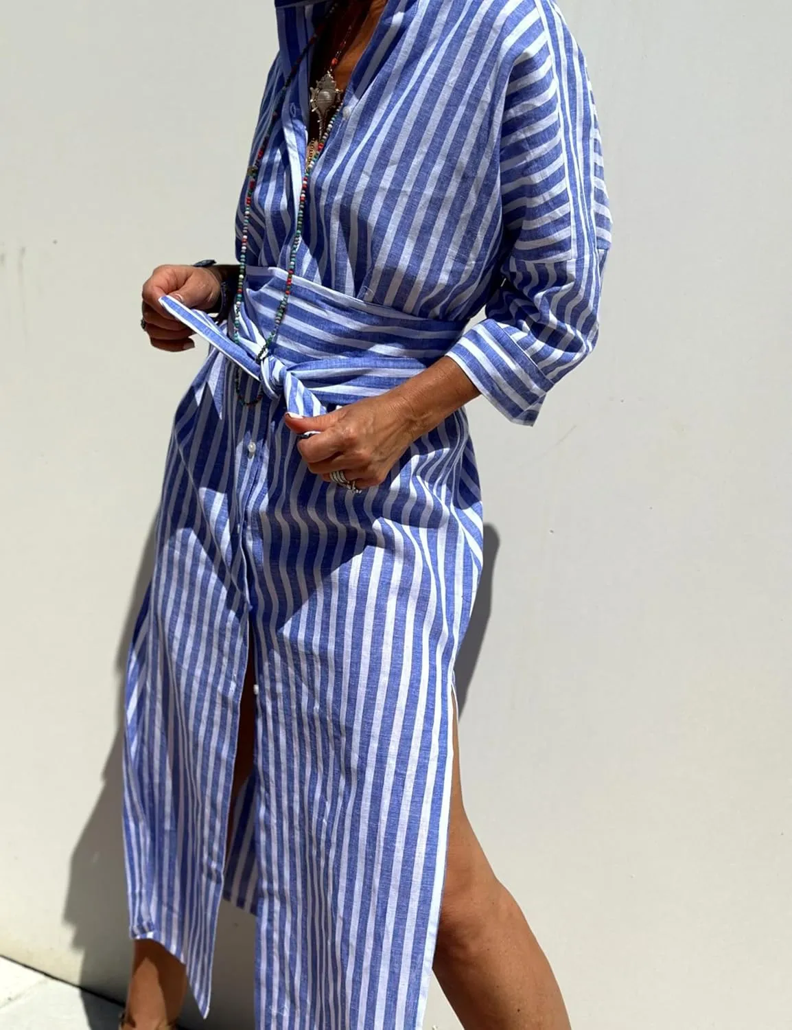 Hooever Shirt Dresses for Women Casual Long Sleeve Button Down Loose Striped Cotton Maxi Shirt Dress