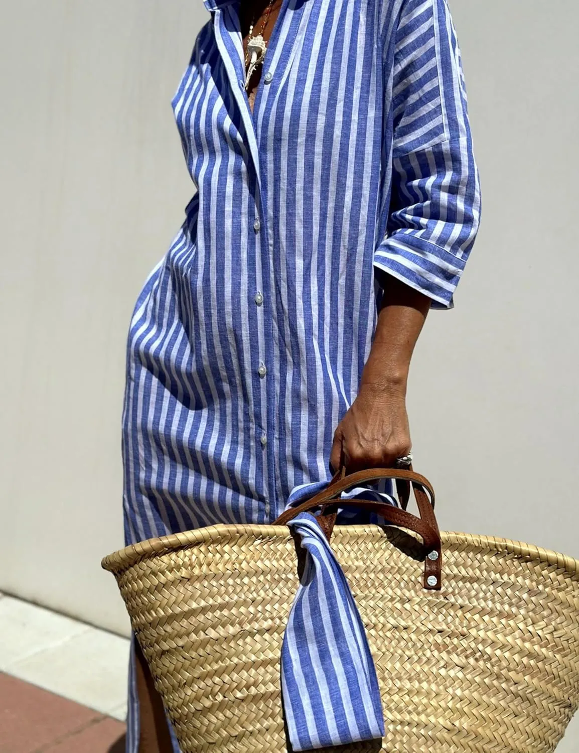 Hooever Shirt Dresses for Women Casual Long Sleeve Button Down Loose Striped Cotton Maxi Shirt Dress