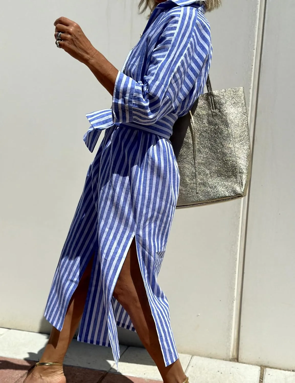 Hooever Shirt Dresses for Women Casual Long Sleeve Button Down Loose Striped Cotton Maxi Shirt Dress