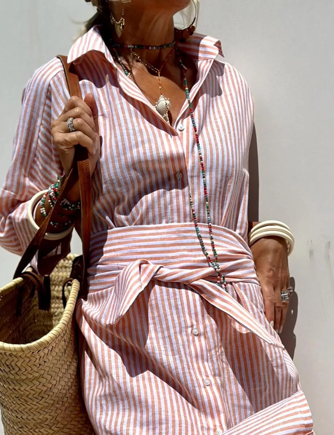 Hooever Shirt Dresses for Women Casual Long Sleeve Button Down Loose Striped Cotton Maxi Shirt Dress