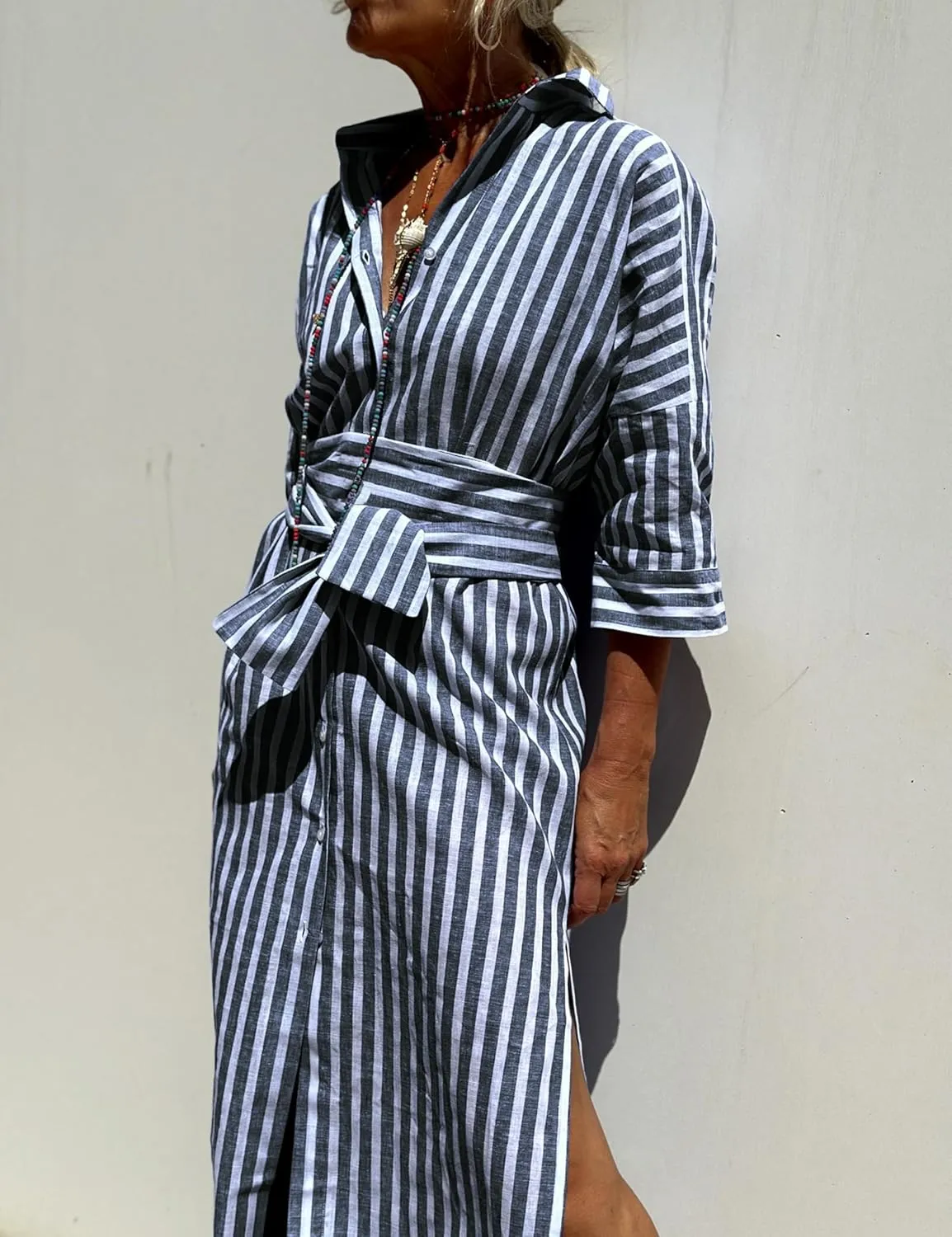 Hooever Shirt Dresses for Women Casual Long Sleeve Button Down Loose Striped Cotton Maxi Shirt Dress