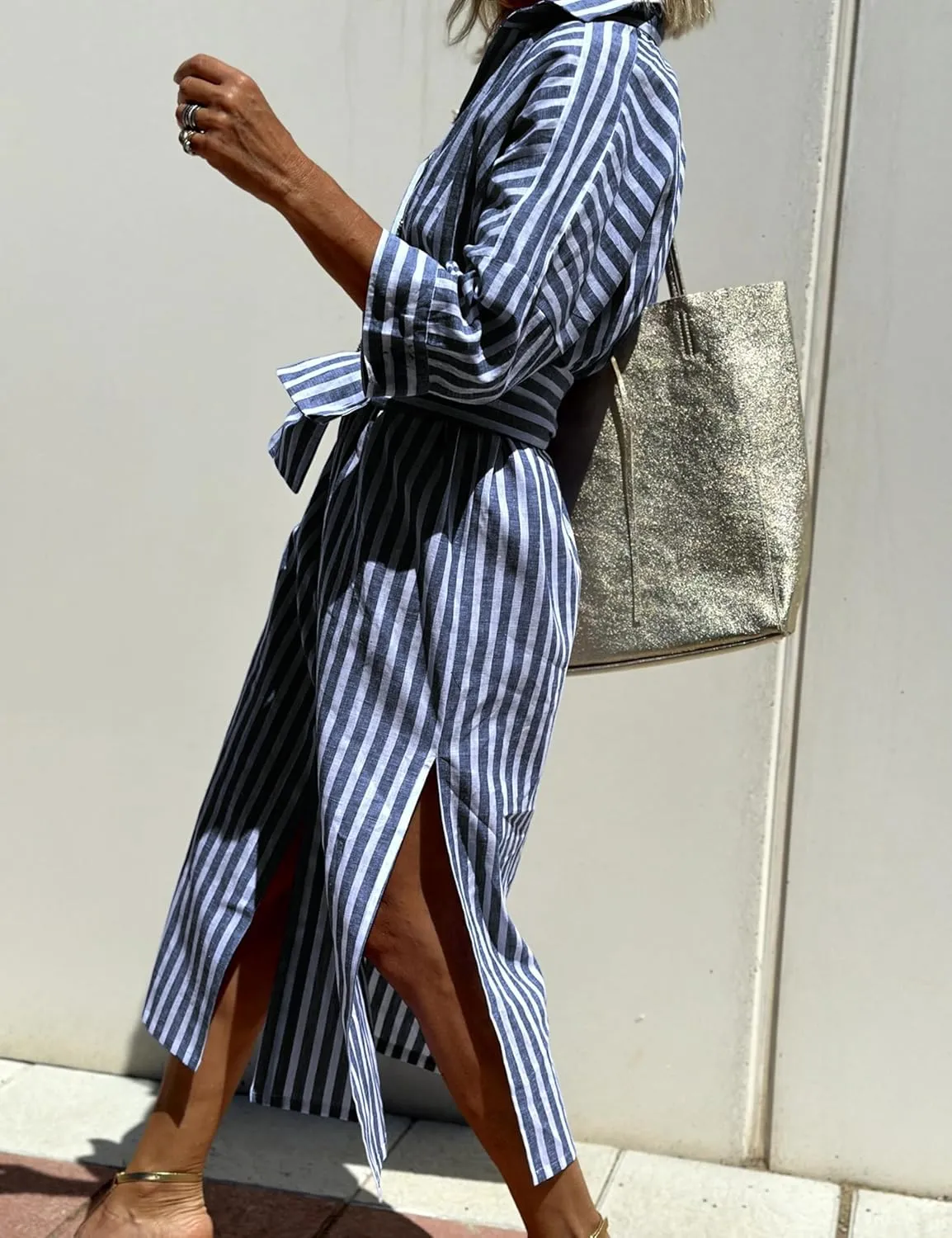 Hooever Shirt Dresses for Women Casual Long Sleeve Button Down Loose Striped Cotton Maxi Shirt Dress