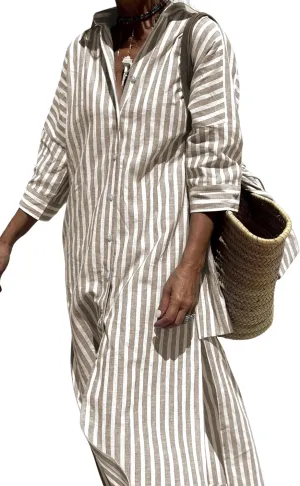 Hooever Shirt Dresses for Women Casual Long Sleeve Button Down Loose Striped Cotton Maxi Shirt Dress