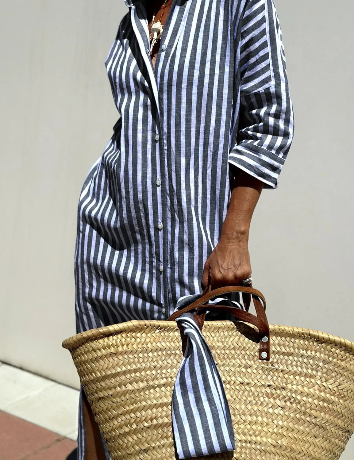 Hooever Shirt Dresses for Women Casual Long Sleeve Button Down Loose Striped Cotton Maxi Shirt Dress