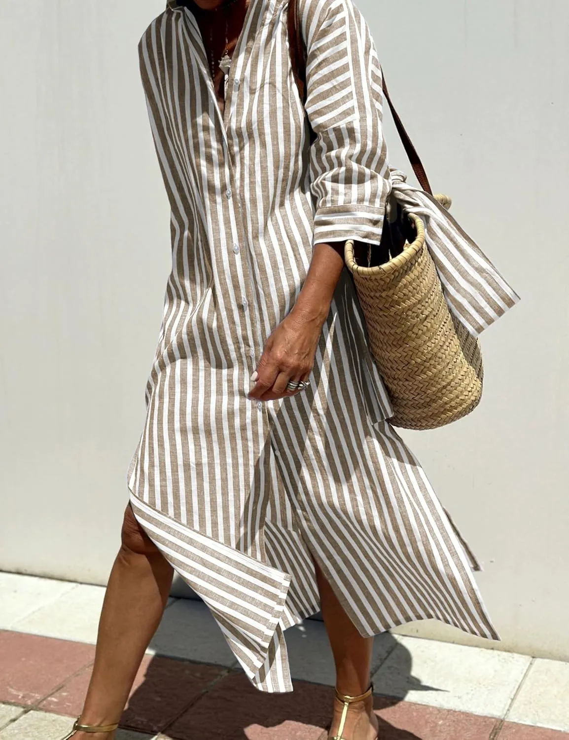 Hooever Shirt Dresses for Women Casual Long Sleeve Button Down Loose Striped Cotton Maxi Shirt Dress