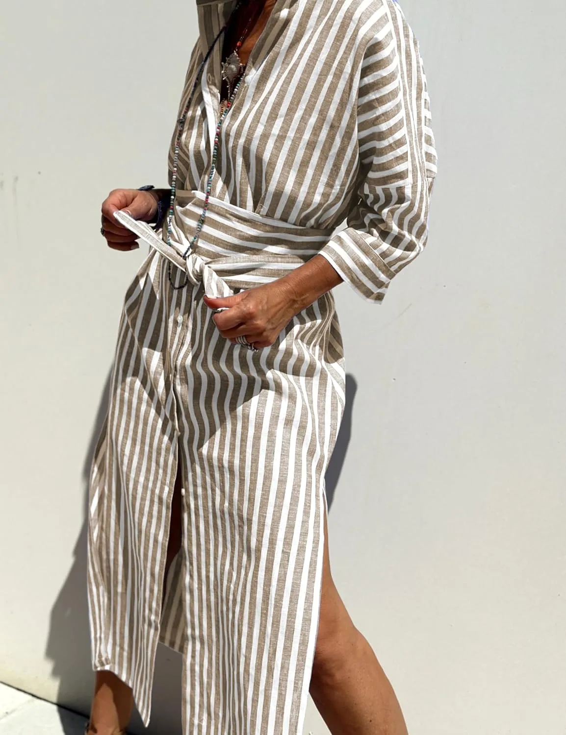 Hooever Shirt Dresses for Women Casual Long Sleeve Button Down Loose Striped Cotton Maxi Shirt Dress