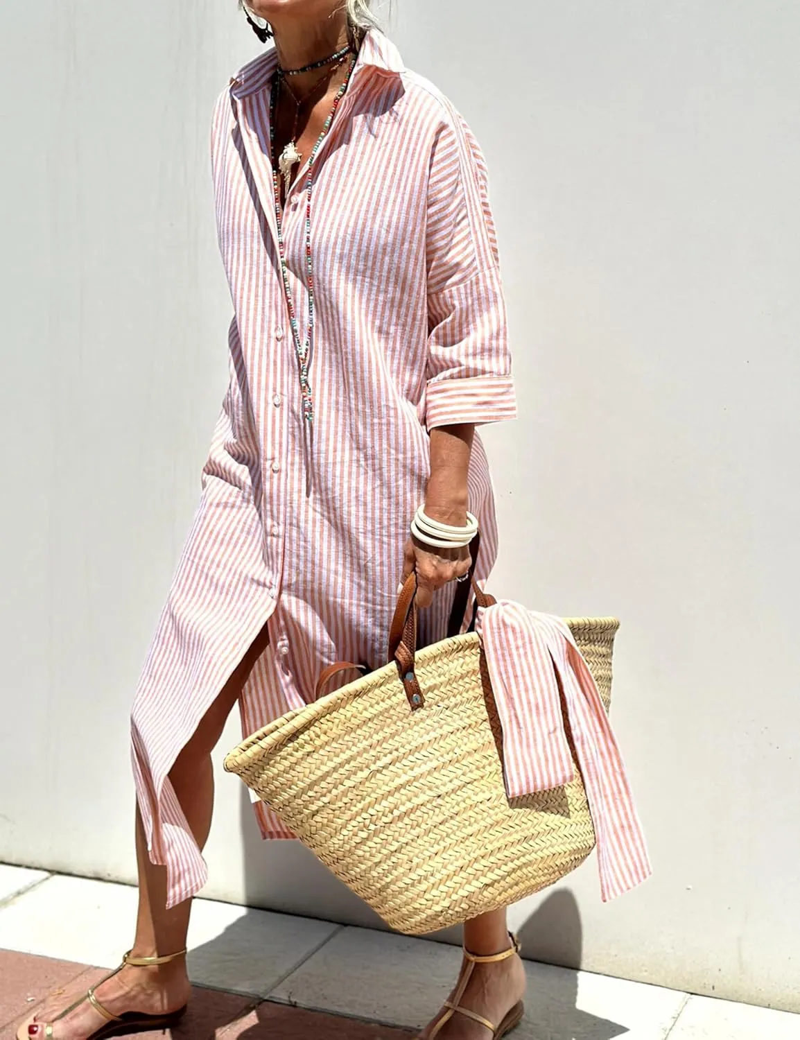 Hooever Shirt Dresses for Women Casual Long Sleeve Button Down Loose Striped Cotton Maxi Shirt Dress