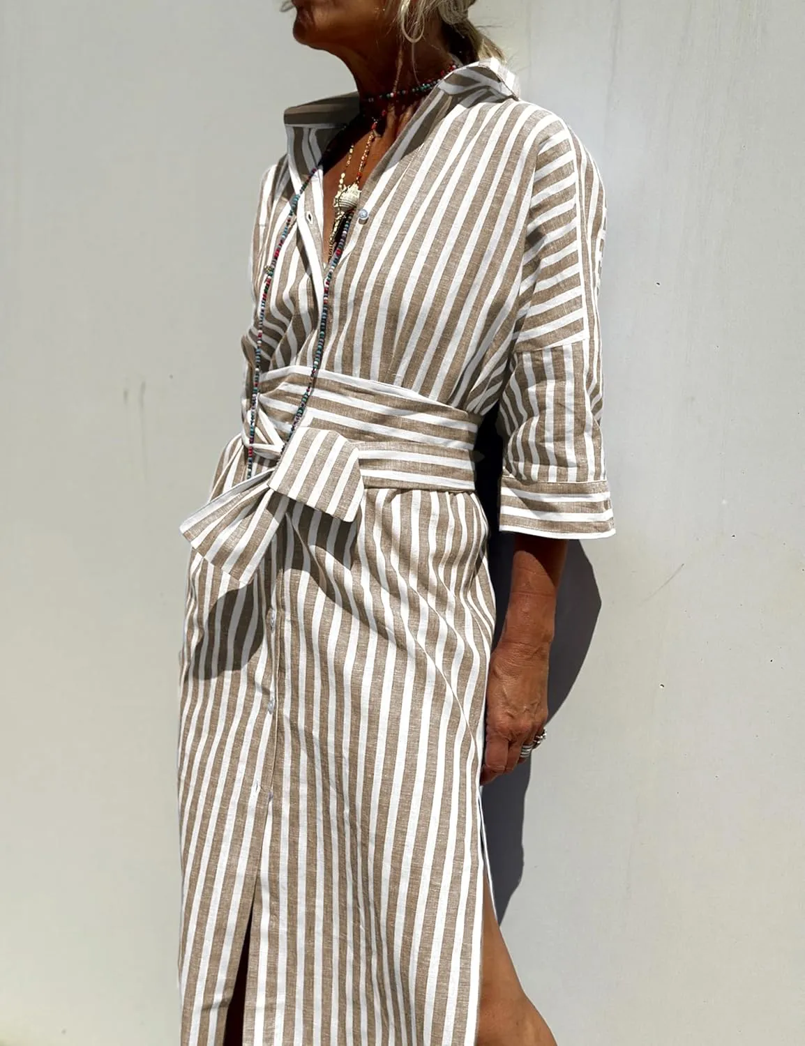 Hooever Shirt Dresses for Women Casual Long Sleeve Button Down Loose Striped Cotton Maxi Shirt Dress