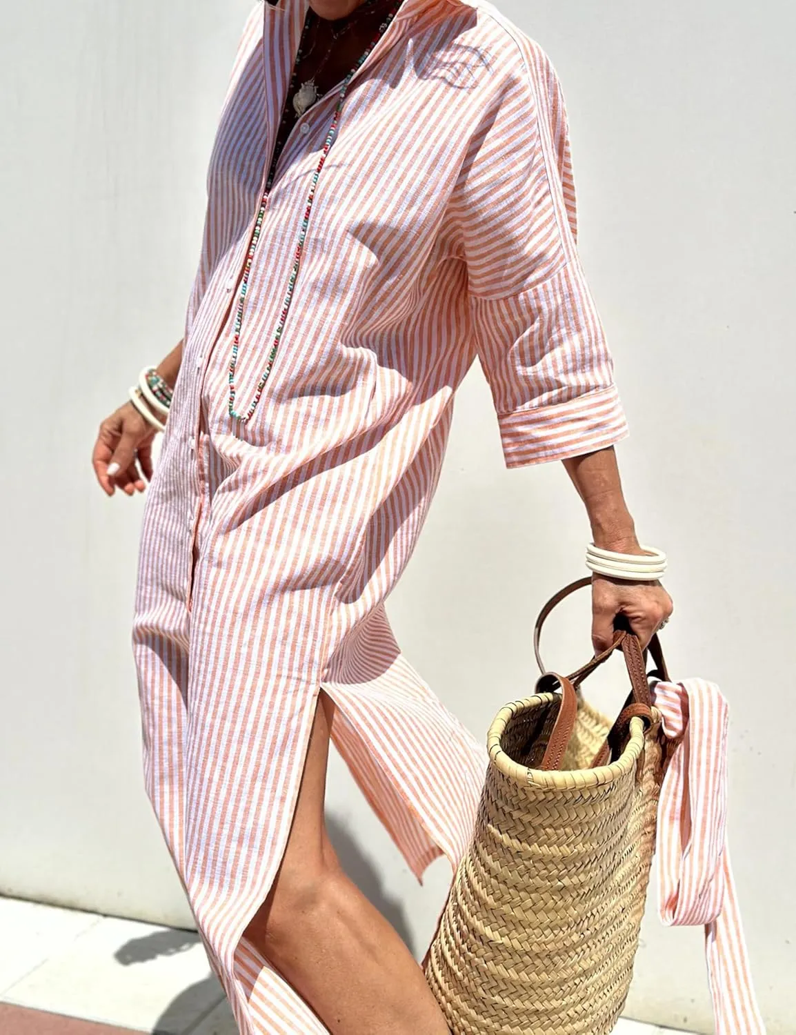 Hooever Shirt Dresses for Women Casual Long Sleeve Button Down Loose Striped Cotton Maxi Shirt Dress