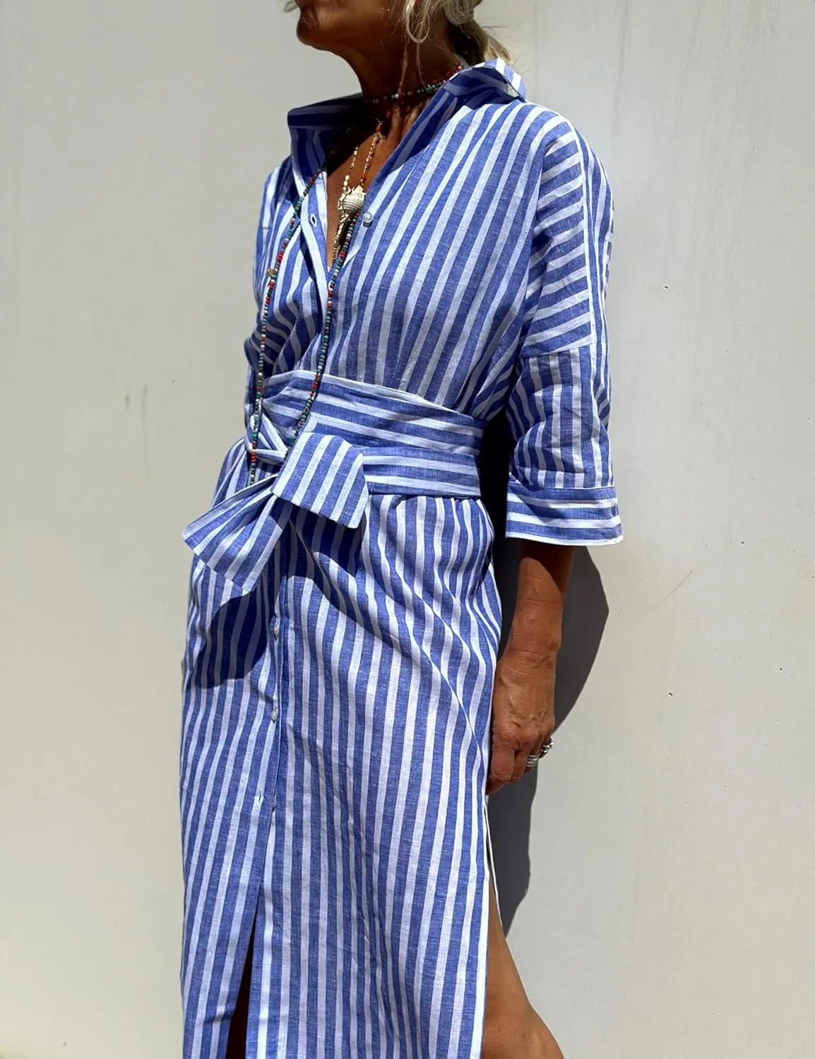 Hooever Shirt Dresses for Women Casual Long Sleeve Button Down Loose Striped Cotton Maxi Shirt Dress