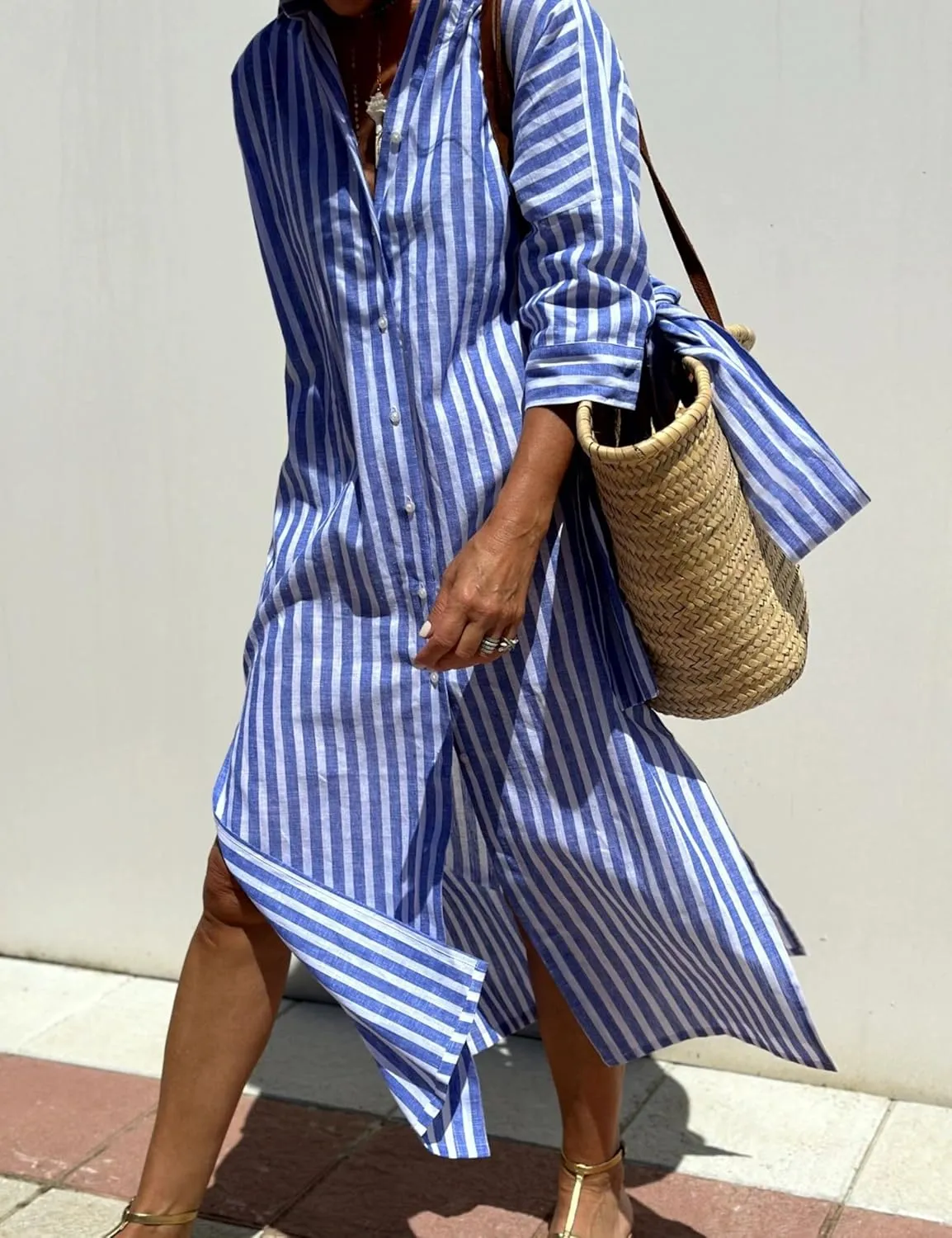 Hooever Shirt Dresses for Women Casual Long Sleeve Button Down Loose Striped Cotton Maxi Shirt Dress