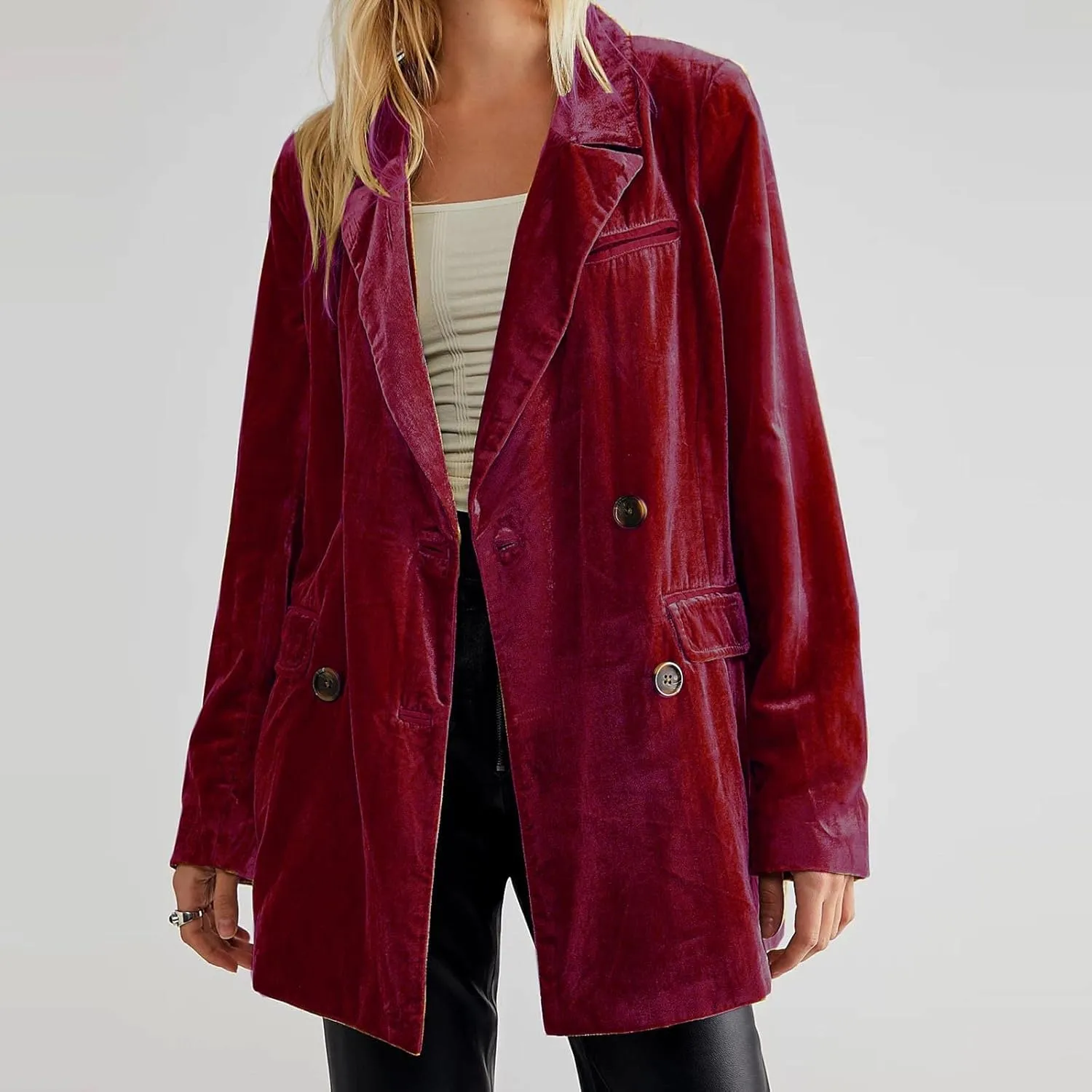 Hot New Velvet Blazer for Women Long Sleeve Collared Suit Jacket Double-Breasted Trench Coats Baggy Blazers Outerwear