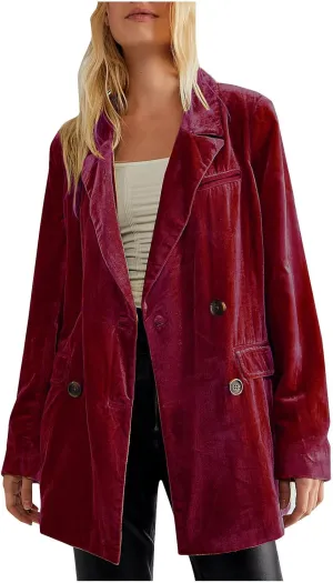 Hot New Velvet Blazer for Women Long Sleeve Collared Suit Jacket Double-Breasted Trench Coats Baggy Blazers Outerwear