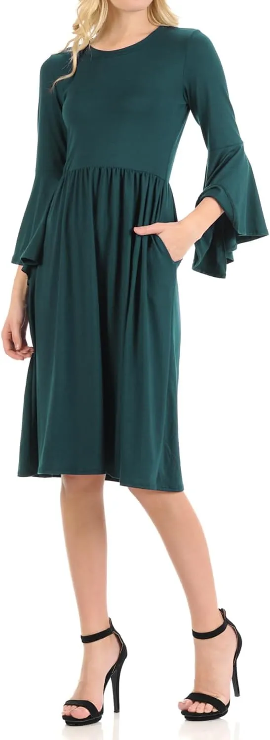 iconic luxe Women's Fit and Flare Dress with Dramatic Bell Sleeve