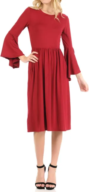 iconic luxe Women's Fit and Flare Dress with Dramatic Bell Sleeve