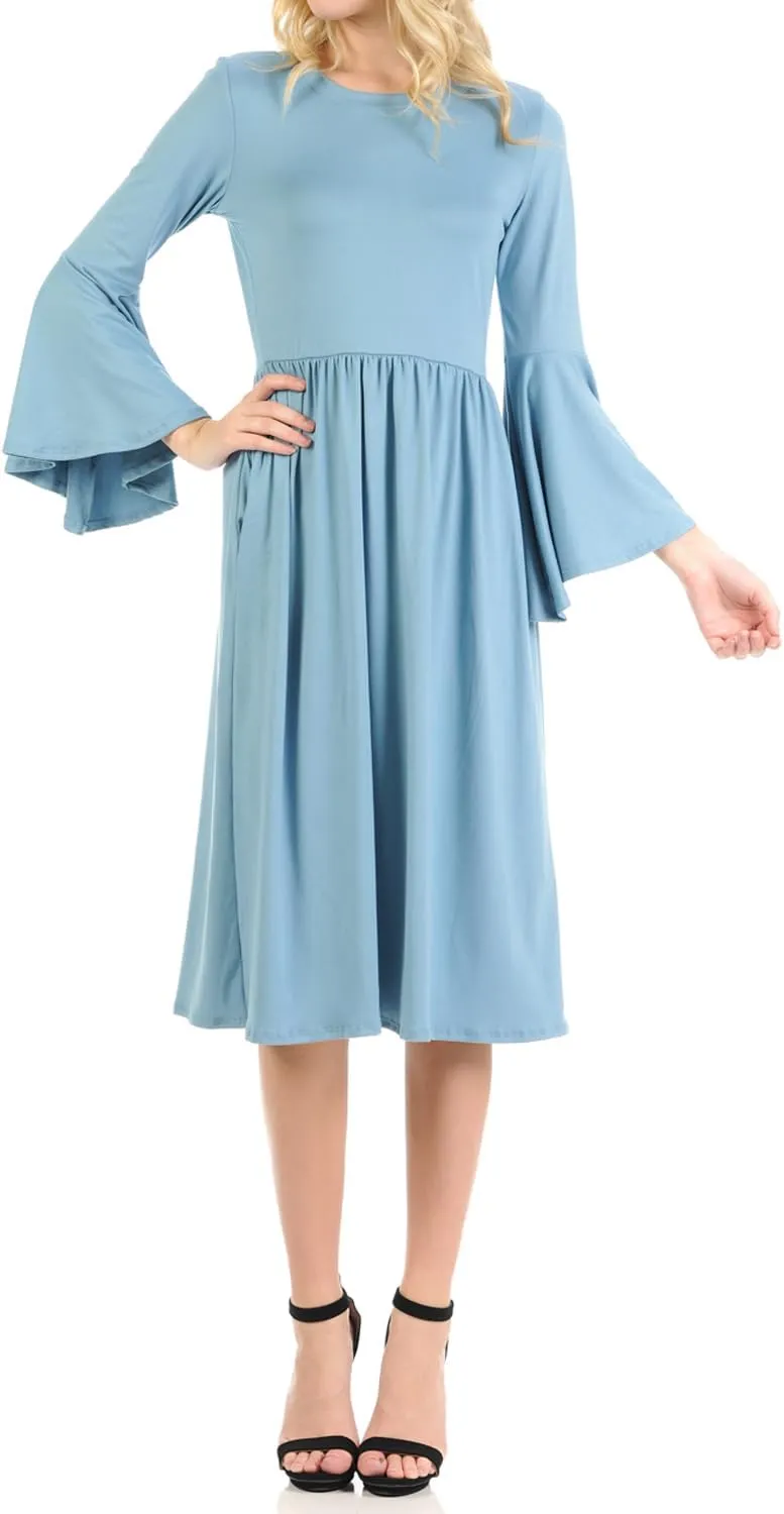 iconic luxe Women's Fit and Flare Dress with Dramatic Bell Sleeve
