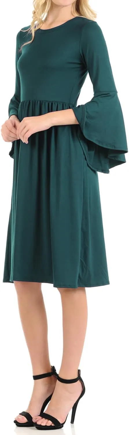 iconic luxe Women's Fit and Flare Dress with Dramatic Bell Sleeve