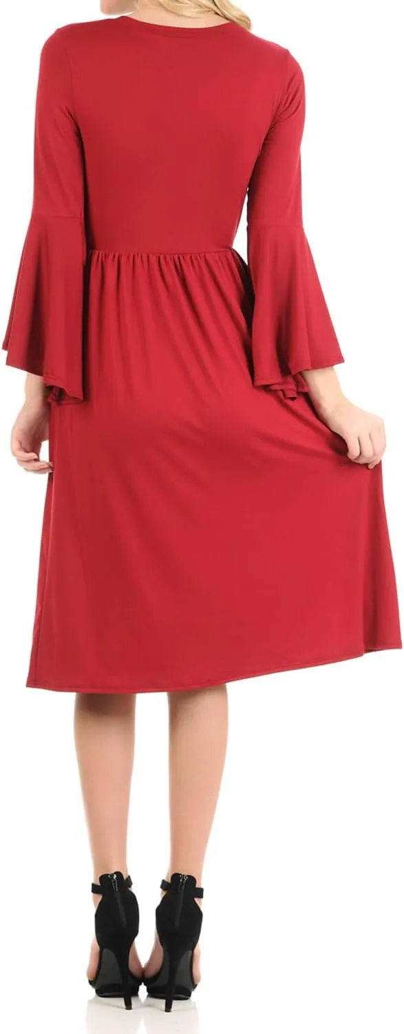 iconic luxe Women's Fit and Flare Dress with Dramatic Bell Sleeve